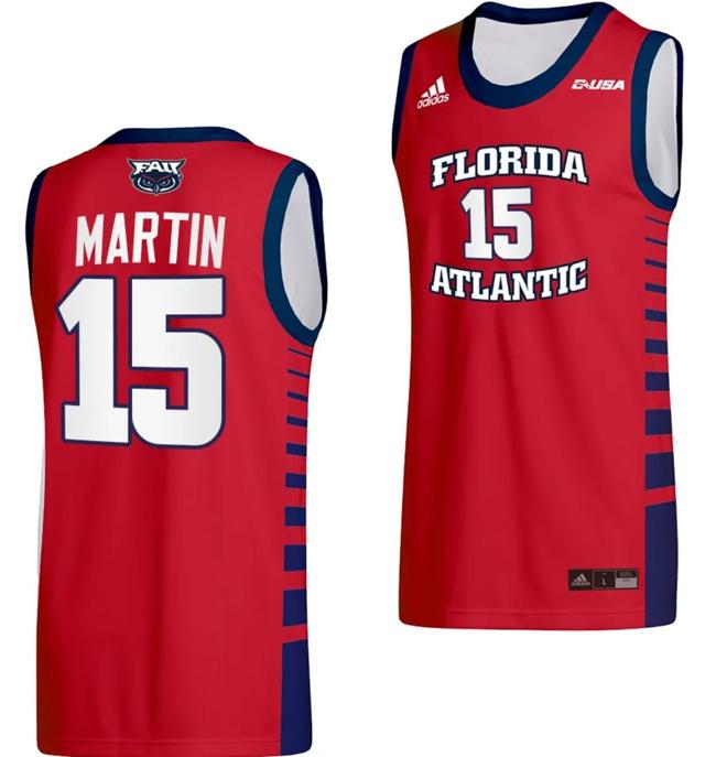 Men's Alijah Martin Jersey #15 FAU Florida Atlantic Owls College Basketball Replica Red