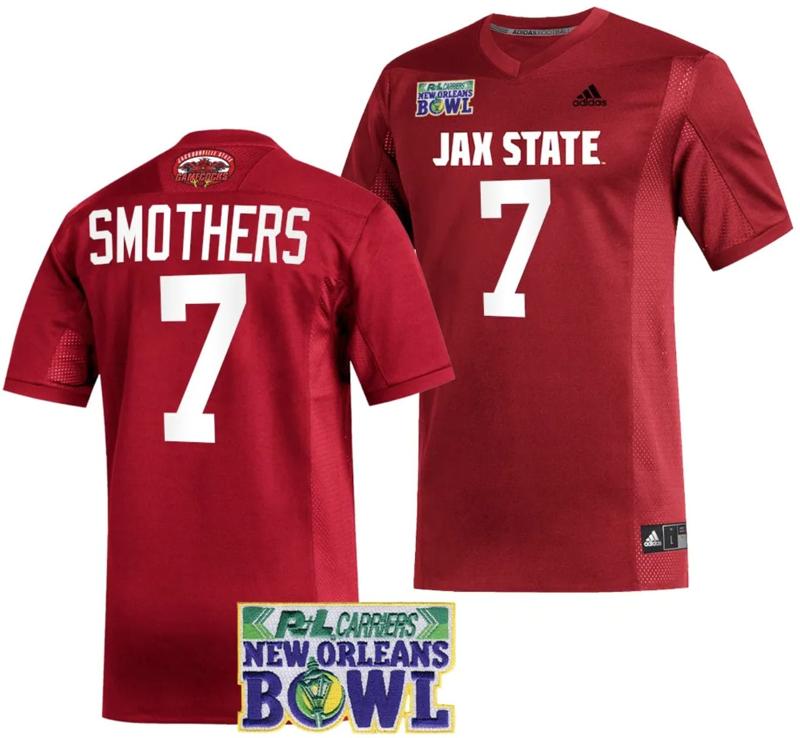 Men's Adidas Logan Smothers Jersey #7 Jacksonville State Gamecocks 2023 New Orleans Bowl Patch Football Red