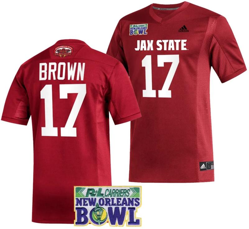 Men's Adidas Sean Brown Jersey #17 Jacksonville State Gamecocks 2023 New Orleans Bowl Patch Football Red