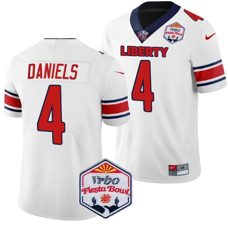 Men's Nike CJ Daniels Jersey #4 Liberty Flames Fiesta Bowl Patch 2024 Football White