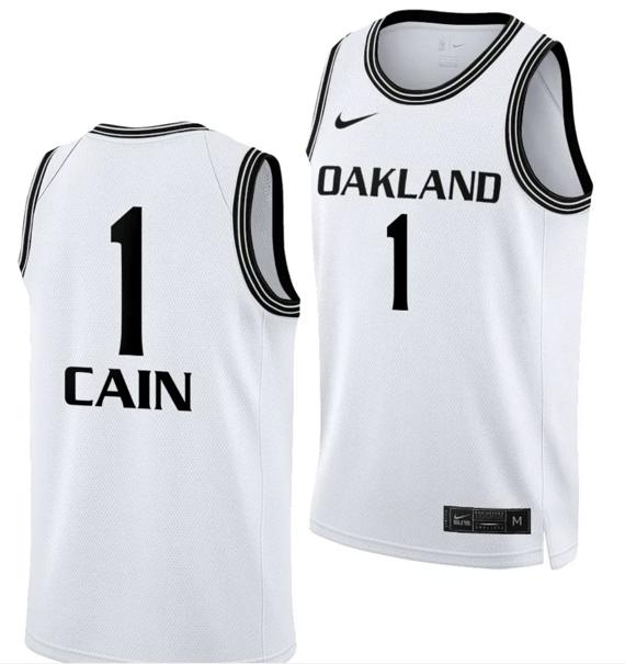 Men's Oakland Golden Grizzlies Jamal Cain Jersey #1 College Basketball White 2021-22