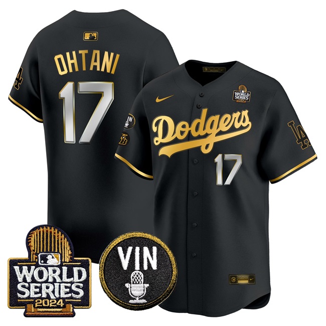 Men's Los Angeles Dodgers #17 Shohei Ohtani Black_Gold 2024 World Series Vin & Kobe Patch Limited Stitched Baseball Jersey