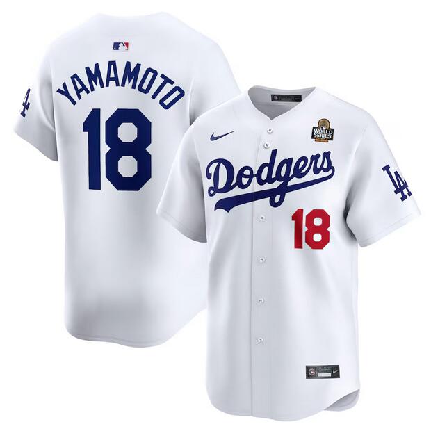 Men's Los Angeles Dodgers #18 Yoshinobu Yamamoto White 2024 World Series Home Limited Stitched Baseball Jersey