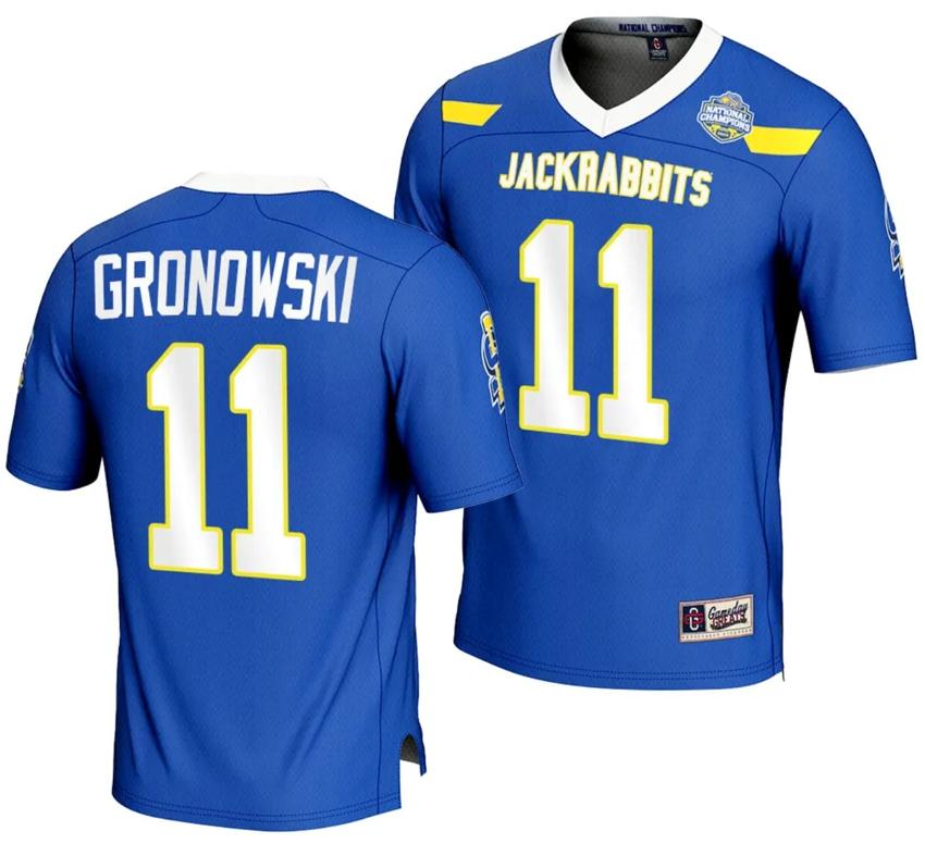 Men's Mark Gronowski Jersey #11 South Dakota State Jackrabbits 2023 FCS Football National Champions Blue