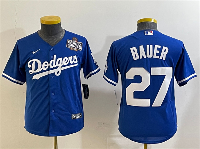 Youth Los Angeles Dodgers #27 Trevor Bauer Blue 2024 World Series Cool Base Stitched Jersey