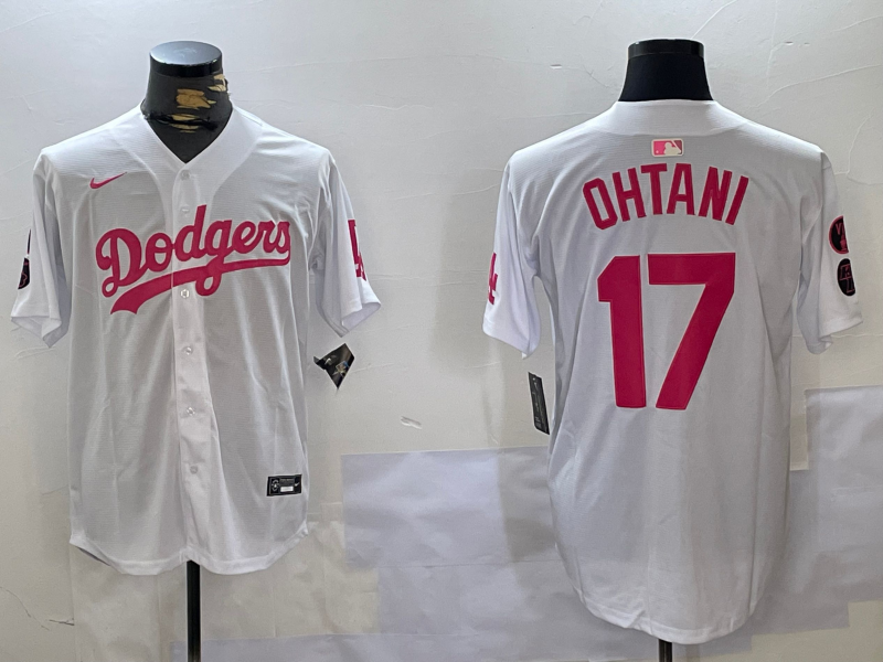 Men's Los Angeles Dodgers #17 Shohei Ohtani Number White Pink Limited Cool Base Stitched Jersey