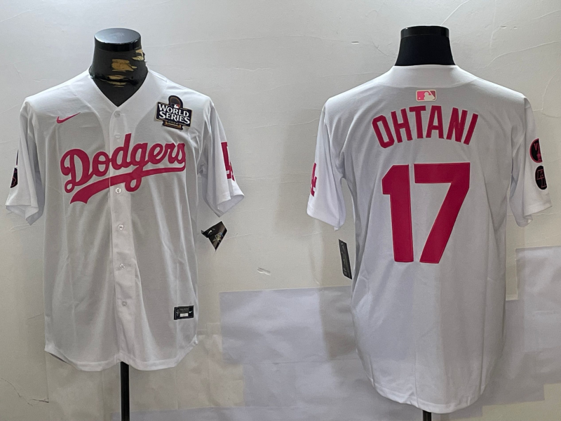 Men's Los Angeles Dodgers #17 Shohei Ohtani Number White Pink 2024 World Series Limited Cool Base Stitched Jerseys