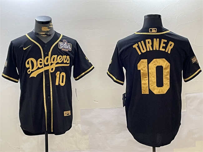 Men's Los Angeles Dodgers #10 Justin Turner Black_Gold 2024 World Series Cool Base Stitched Baseball Jersey