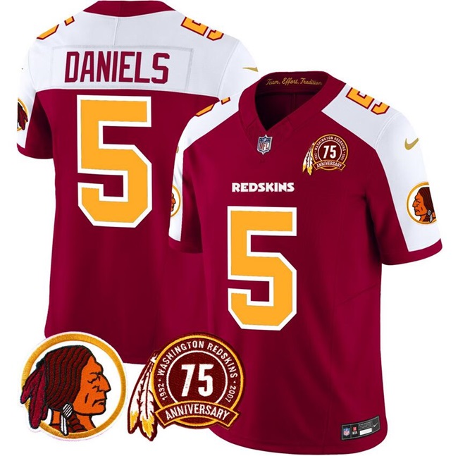 Men's Washington Redskins #5 Jayden Daniels Burgundy White 2024 F.U.S.E. 75th Patch Throwback Vapor Limited Stitched Football Jersey