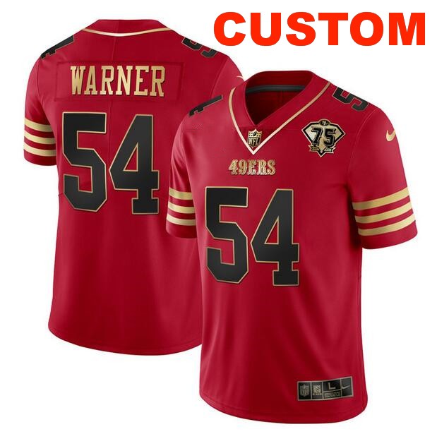 Men's San Francisco 49ers Active Player Custom Red Gold With 75th Anniversary Patch Stitched Football Jersey