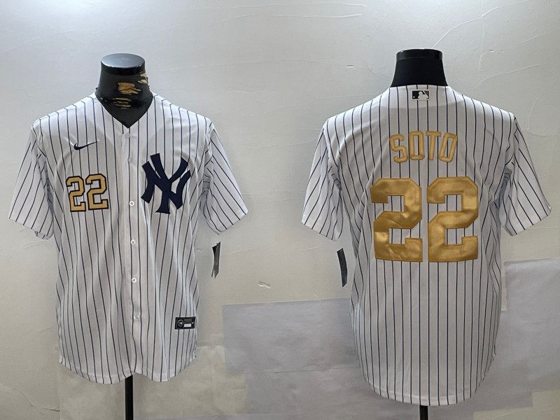 Men's New York Yankees #22 Juan Soto White Pinstripe Fashion Cool Base Jersey