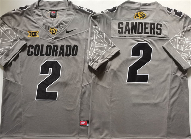 Men's Colorado Buffaloes #2 Shadeur Sanders Grey 2024 With Big 12 XII Patch 2024 F.U.S.E College Football Stitched Jersey