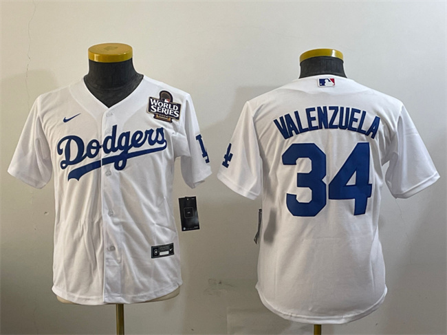 Youth Los Angeles Dodgers #34 Fernando Valenzuela White 2024 World Series Cool Base Stitched Baseball Jersey