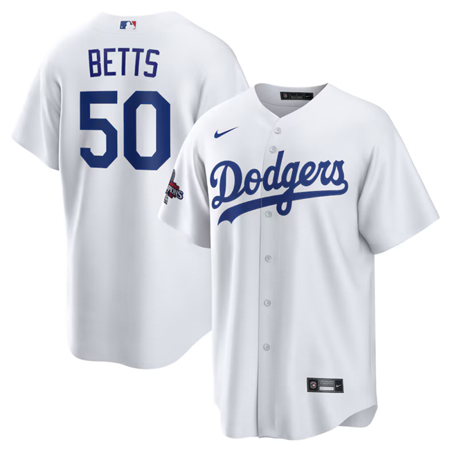 Men's Los Angeles Dodgers #50 Mookie Betts White 2024 World Series Champions Cool Base Stitched Baseball Jersey