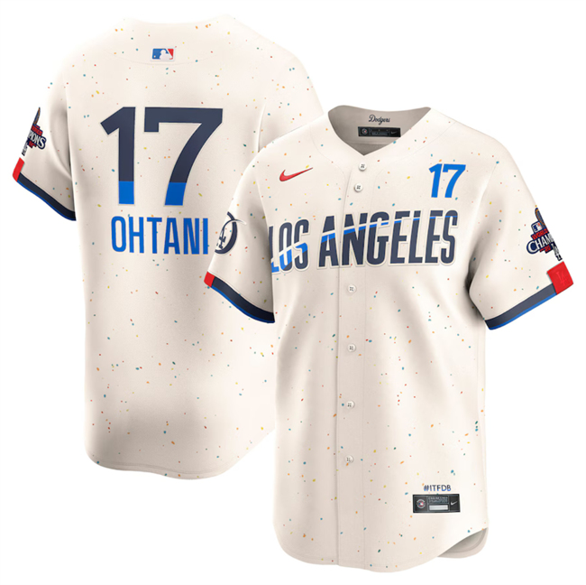 Men's Los Angeles Dodgers #17 Shohei Ohtani Cream 2024 World Series Champions City Connect Limited Stitched Baseball Jersey