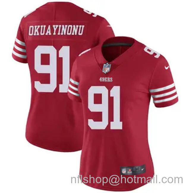 Women's San Francisco 49ers #91 Sam Okuayinonu Vapor Limited Stitched Football Jersey Scarlet