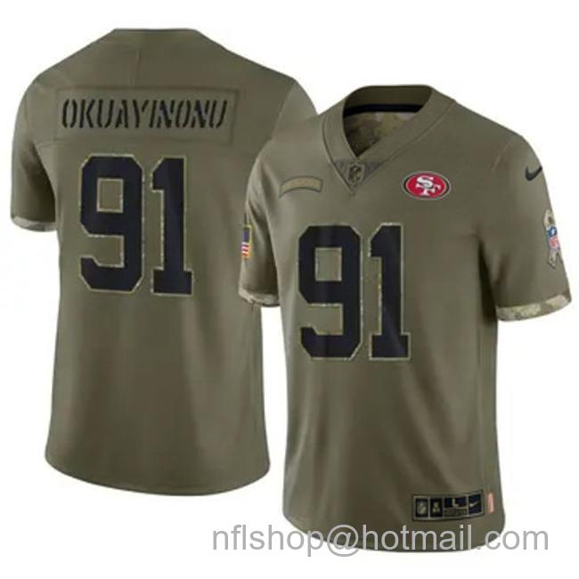 Men's San Francisco 49ers #91 Sam Okuayinonu Vapor Limited Stitched Football Jersey 2022 Salute to Service Olive