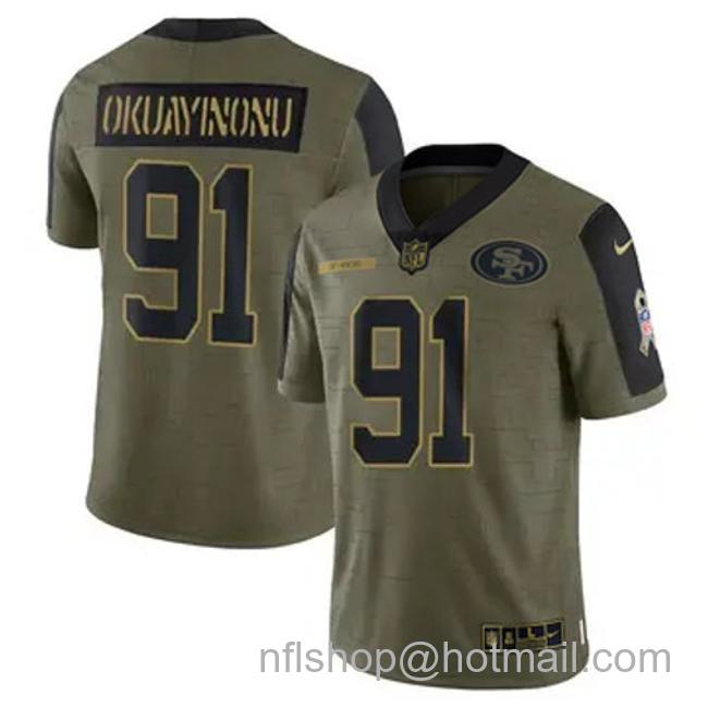 Men's San Francisco 49ers #91 Sam Okuayinonu 2021 Salute to Service Olive Vapor Limited Stitched Football Jersey