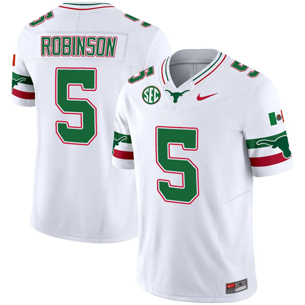 Men's Texas Longhorns #5 Bijan Robinson White F.U.S.E. Mexico SEC Patch Vapor Limited Stitched Jersey