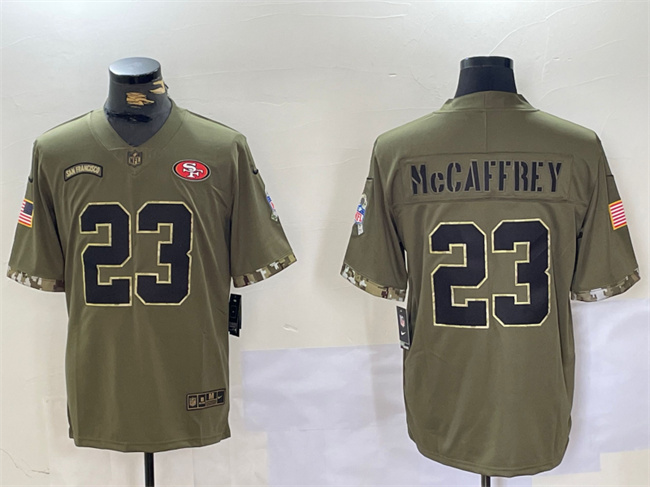 Men's San Francisco 49ers #23 Christian McCaffrey Olive 2022 Salute To Service Limited Stitched Jersey