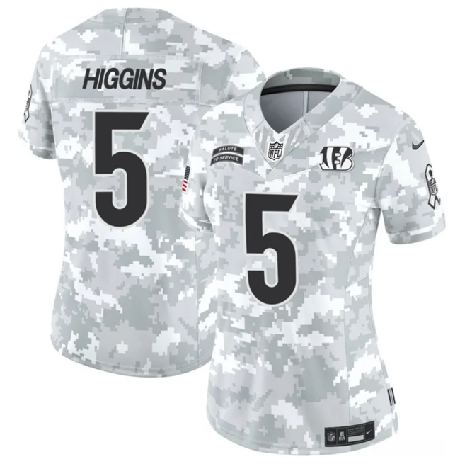 Women's Cincinnati Bengals #5 Tee Higgins 2024 F.U.S.E Arctic Camo Salute to Service Limited Stitched Football Jersey(Run Small)