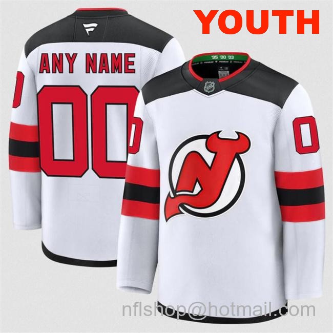 Customized Fanatics Youth New Jersey Devils White 2024-25 Away Stitched Hockey Jersey