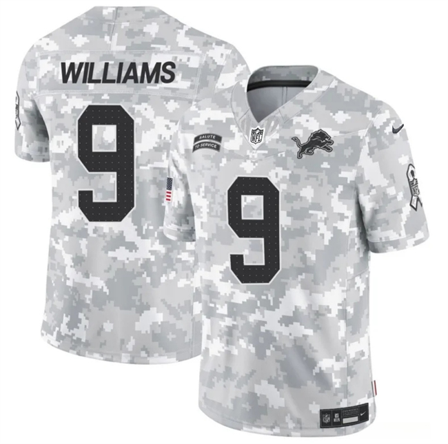 Men's Detroit Lions #9 Jameson Williams 2024 F.U.S.E Arctic Camo Salute to Service Limited Stitched Football Jersey