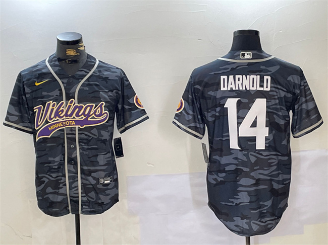 Men's Minnesota Vikings #14 Sam Darnold Grey Camo Cool Base Stitched Baseball Jersey