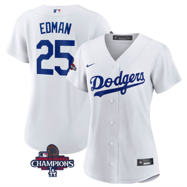 Women's Los Angeles Dodgers #25 Tommy Edman White 2024 World Series Champions Cool Base Stitched Baseball Jersey(Run Small)