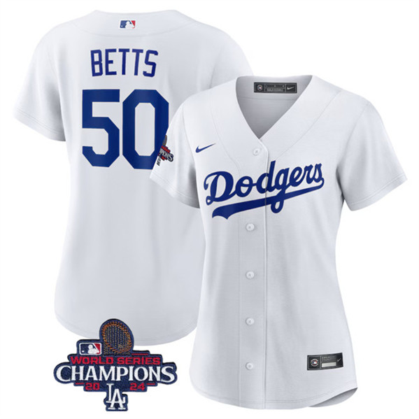 Women's Los Angeles Dodgers #50 Mookie Betts White 2024 World Series Champions Cool Base Stitched Baseball Jersey(Run Small)