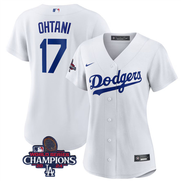 Women's Los Angeles Dodgers #17 Shohei Ohtani White 2024 World Series Champions Cool Base Stitched Baseball Jersey(Run Small)