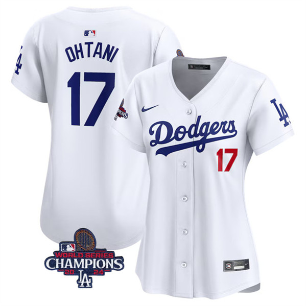 Women's Los Angeles Dodgers #17 Shohei Ohtani White 2024 World Series Champions Home Limited Stitched Baseball Jersey(Run Small)