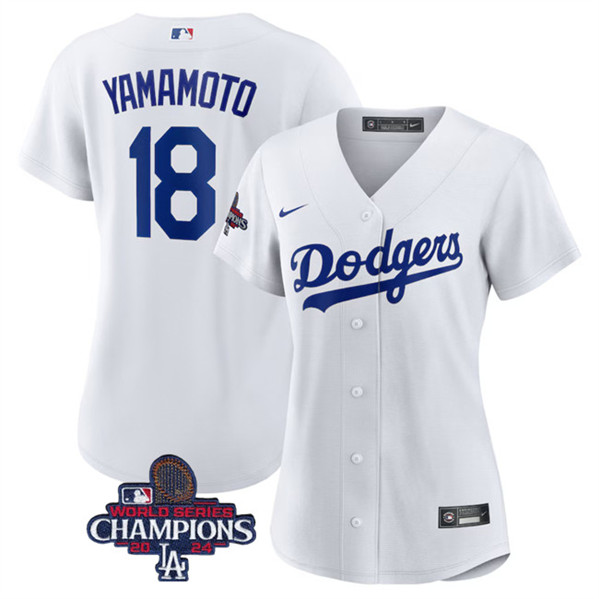 Women's Los Angeles Dodgers #18 Yoshinobu Yamamoto White 2024 World Series Champions Cool Base Stitched Baseball Jersey(Run Small)