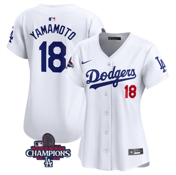 Women's Los Angeles Dodgers #18 Yoshinobu Yamamoto White 2024 World Series Champions Home Limited Stitched Baseball Jersey(Run Small)