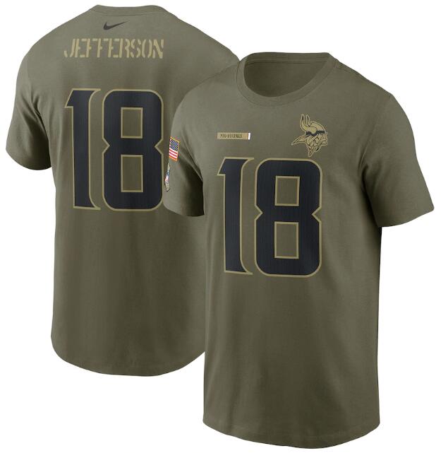 Men's Minnesota Vikings #18 Justin Jefferson 2021 Olive Salute To Service Legend Performance T-Shirt