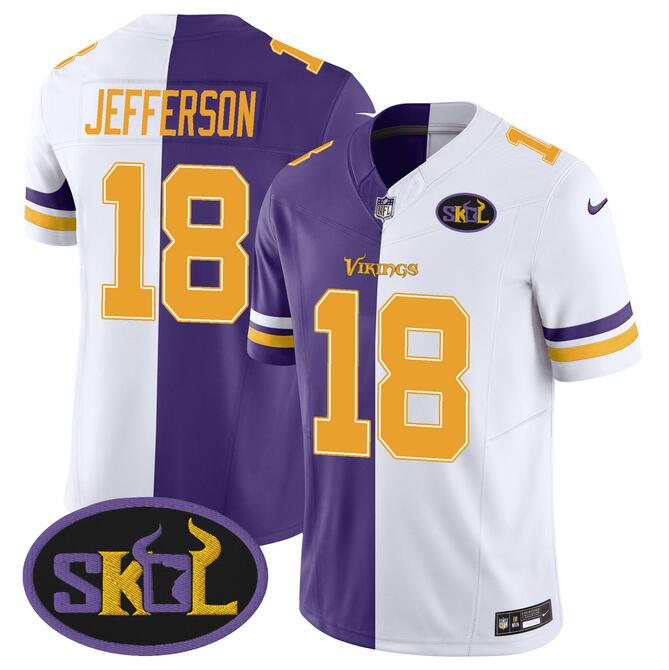 Men's Minnesota Vikings #18 Justin Jefferson Purple White Split F.U.S.E SKOL Patch Stitched Jersey