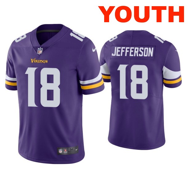 Youth Minnesota Vikings #18 Justin Jefferson Purple Vapor Untouchable Limited Stitched Jersey