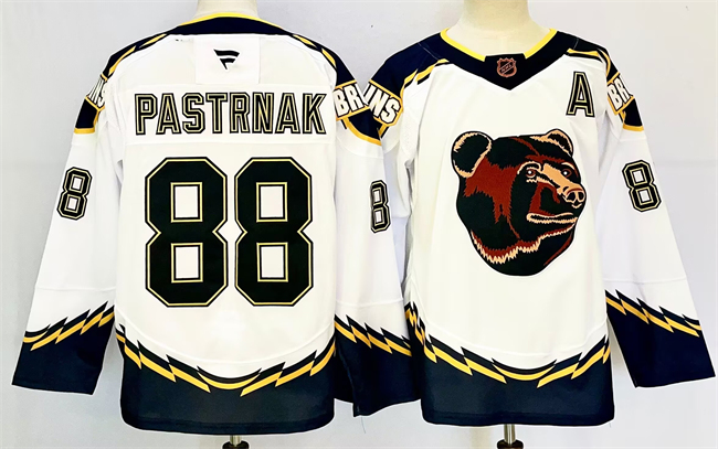 Men's Boston Bruins #88 David Pastrnak White 2024-25 With A Patch Reverse Retro Home Fanatics Stitched NHL Hockey Jersey