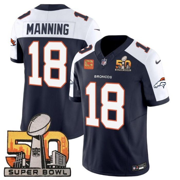 Men's Denver Broncos #18 Peyton Manning Navy White 2024 F.U.S.E. With Super Bowl 50 Patch And 4-star C Patch Vapor Limited Stitched Football Jersey