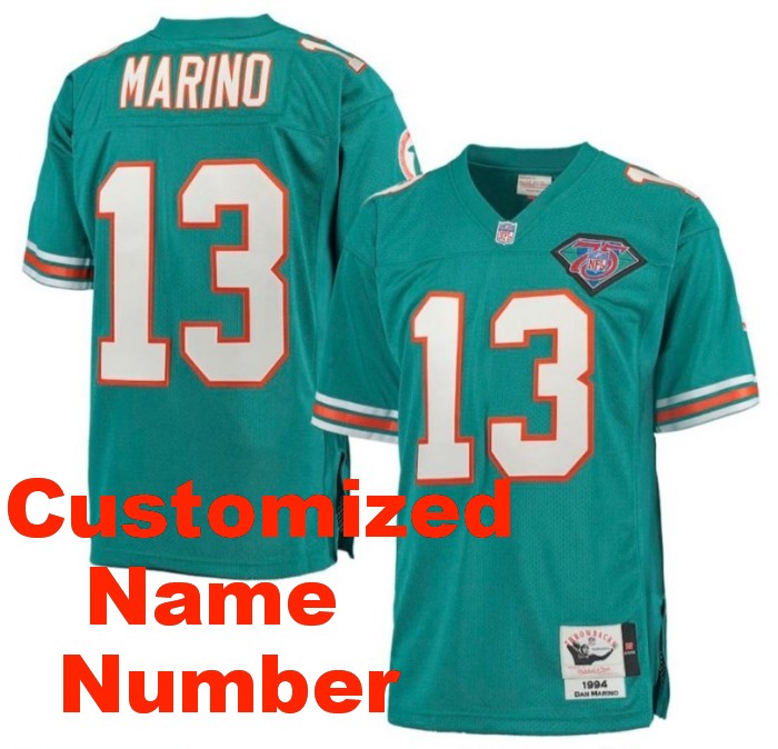 Customized Men's Miami Dolphins Name Number Mitchell & Ness Aqua 1994 Dan Marin 75TH Throwback Jersey