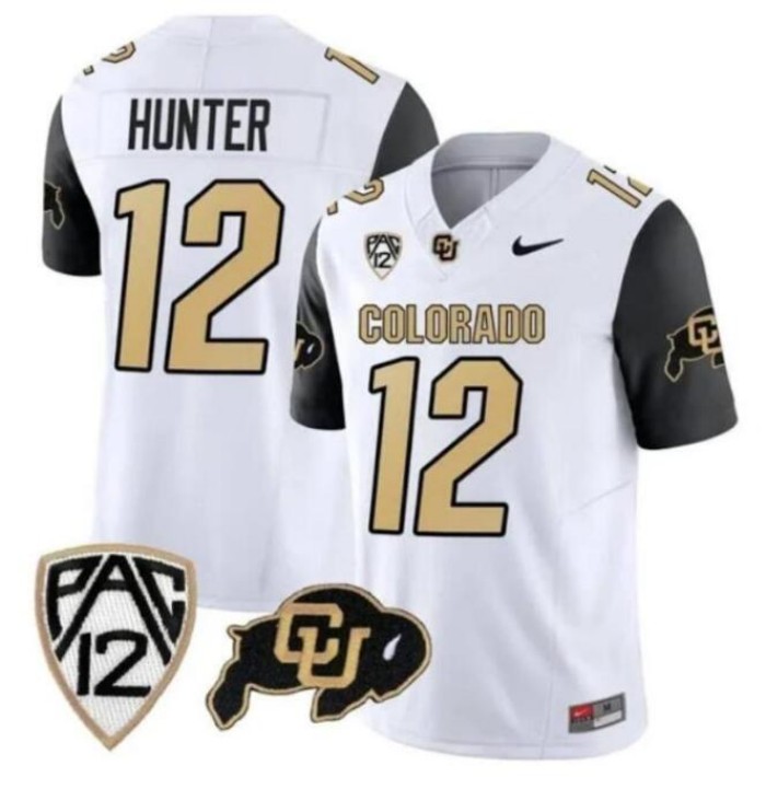 Men's Colorado Buffaloes #12 Travis Hunter White Black 2023 F.U.S.E. With PAC-12 Patch Stitched Football Jersey