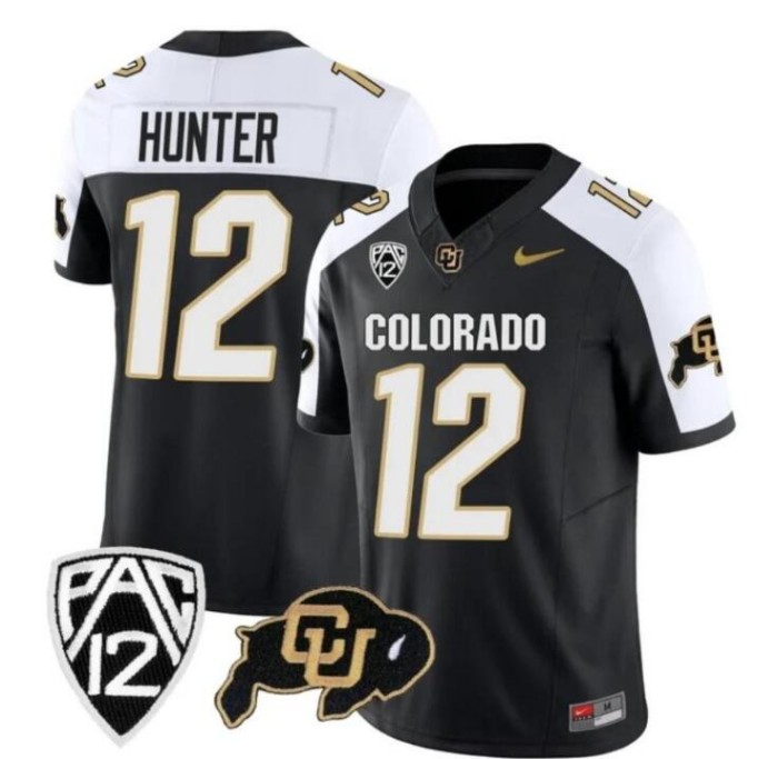 Men's Colorado Buffaloes #12 Travis Hunter Black White 2023 F.U.S.E. With PAC-12 Patch Stitched Football Jersey