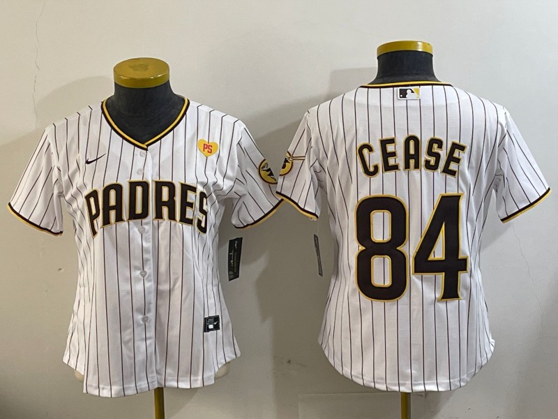 Women's San Diego Padres #84 Dylan Cease White Team Logo With PS Patch Stitched Cool Base Nike Jersey