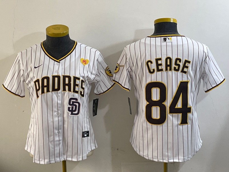 Women's San Diego Padres #84 Dylan Cease White Team Logo With PS SD Patch Stitched Cool Base Nike Jersey