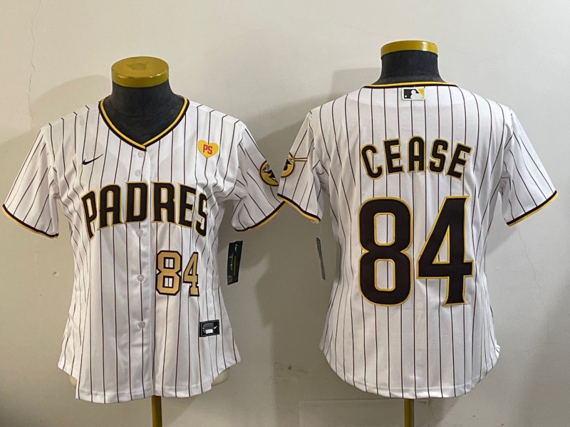 Women's San Diego Padres #84 Dylan Cease White Team Logo With PS Patch Number Stitched Cool Base Nike Jersey