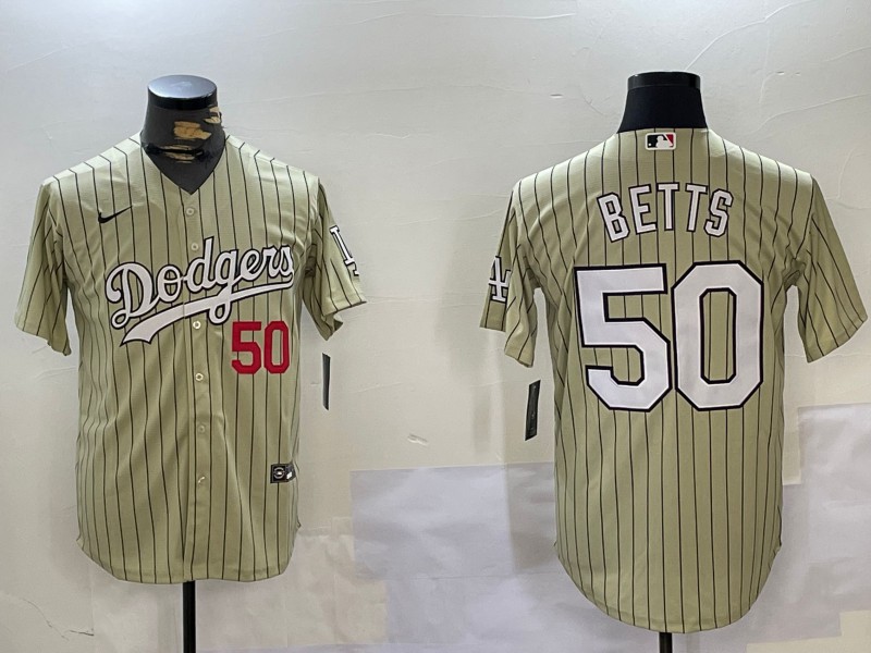 Men's Los Angeles Dodgers #50 Mookie Betts Gold With Number Cool Base Stitched Baseball Jersey