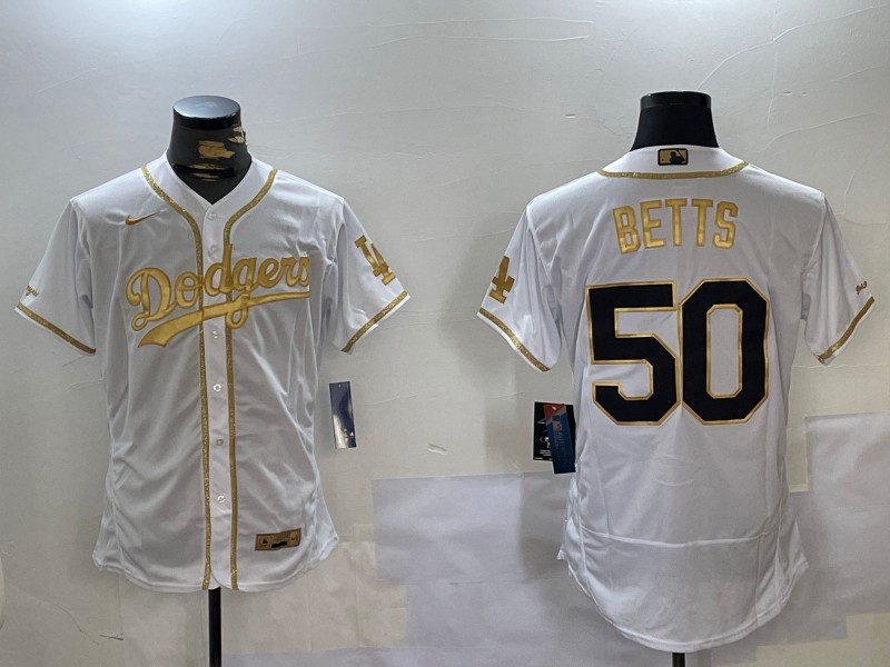 Men's Los Angeles Dodgers #50 Mookie Betts White Gold Cool Base Stitched Baseball Jersey