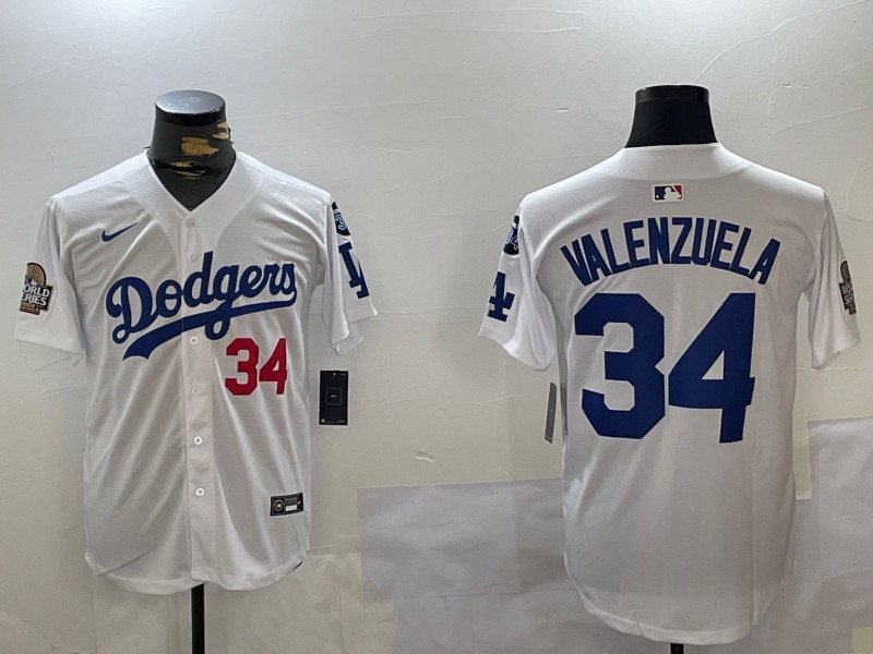 Men's Los Angeles Dodgers Fernando Valenzuela White 2024 World Series With Fernando Memorial Patch Home Limited Stitched Baseball Jersey