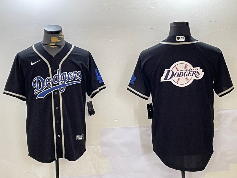 Men's Los Angeles Dodgers Blank With Big Team Logo Black Cool Base Stitched Baseball Jersey