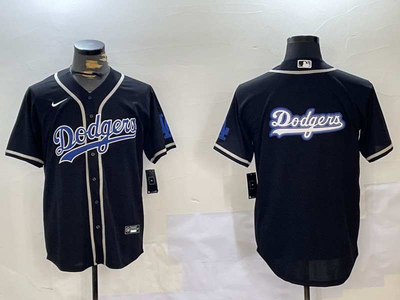 Men's Los Angeles Dodgers Blank Big Team Logo Black Cool Base Stitched Baseball Jersey